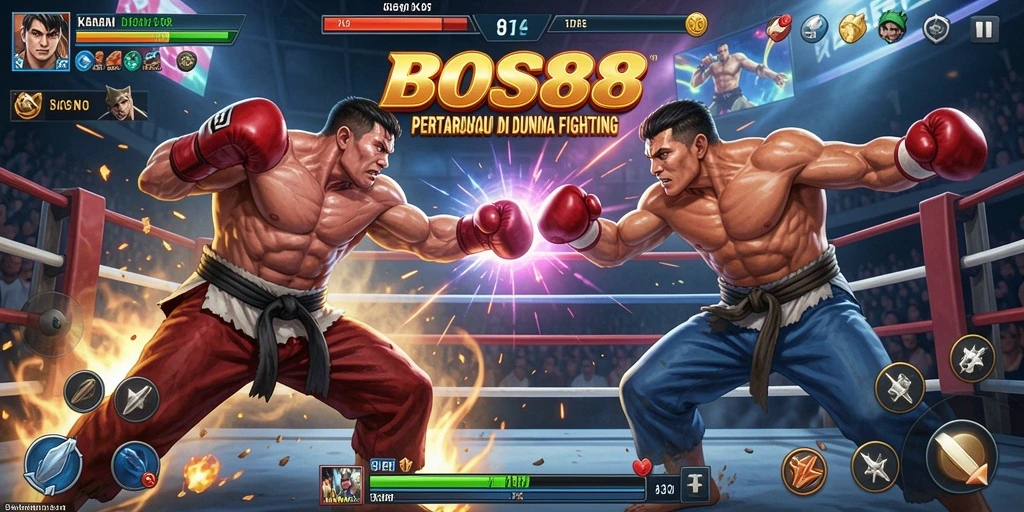 Tangkapan layar BOS88 menampilkan pertarungan intens antara dua karakter di arena yang menegangkan.