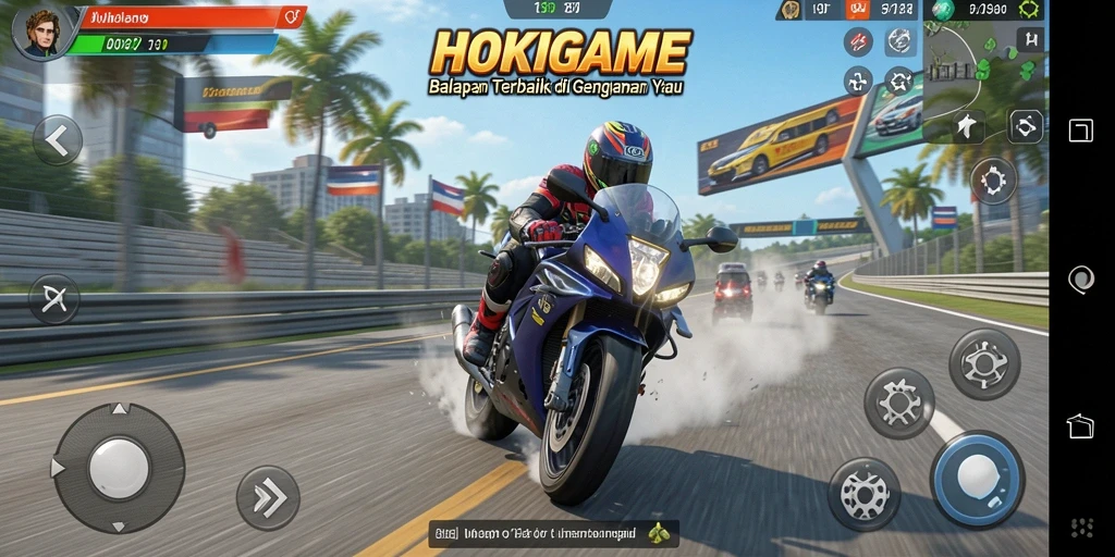 Tampilan gameplay yang seru di HOKIGAME dengan balapan motor yang menegangkan.