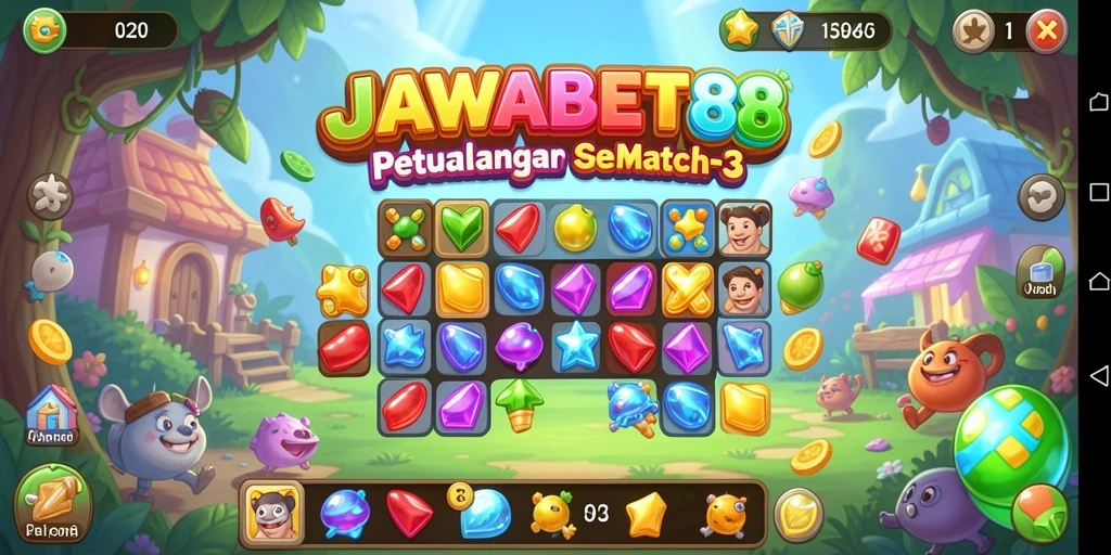 Screenshot gameplay JAWABET88 dengan grafik cerah dan tantangan Match-3.