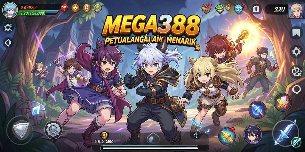 Tampilan gameplay MEGA388 dengan karakter anime yang dinamis.