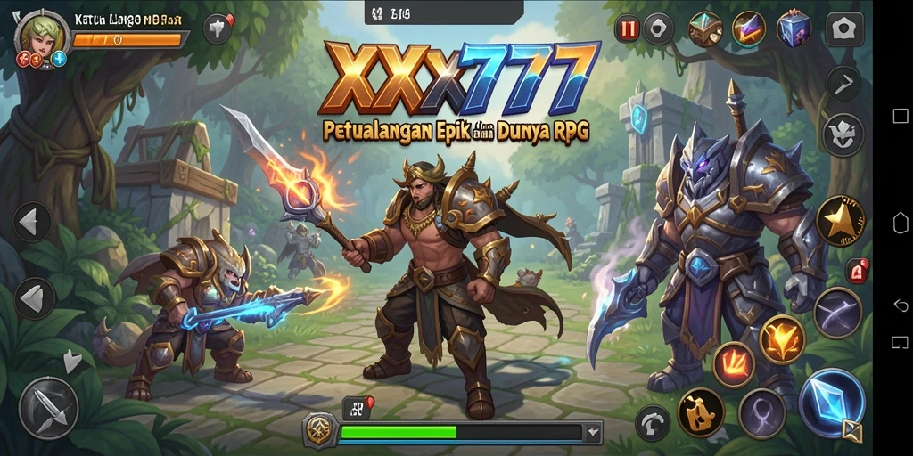 Screenshot menunjukkan pertempuran epik dalam game RPG XXX777.